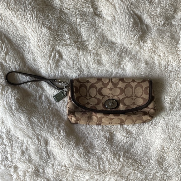 Coach Tan and Brown Wristlet with Leather Trim - Picture 1 of 5